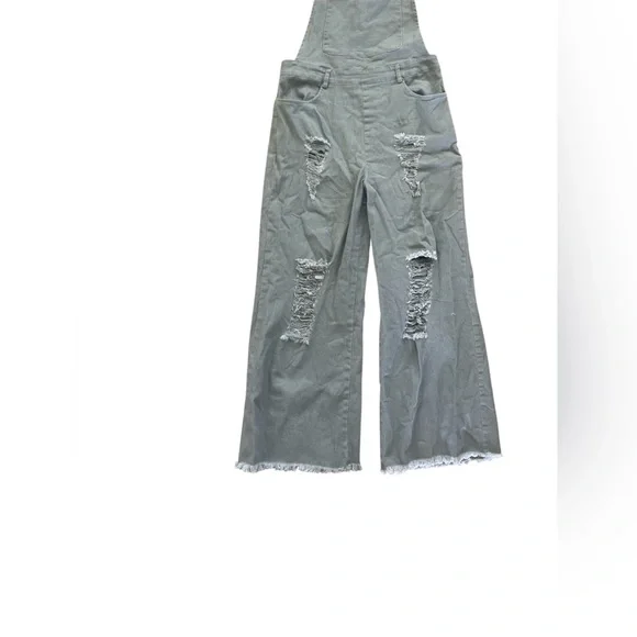 Distressed Wide Leg Denim Overalls Gray Size L Trendy Casual - Picture 2 of 7